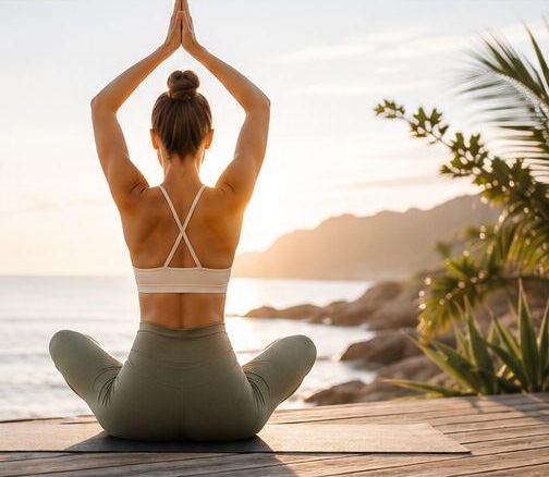 Woman meditating in a yoga pose on a deck by the sea at sunrise
